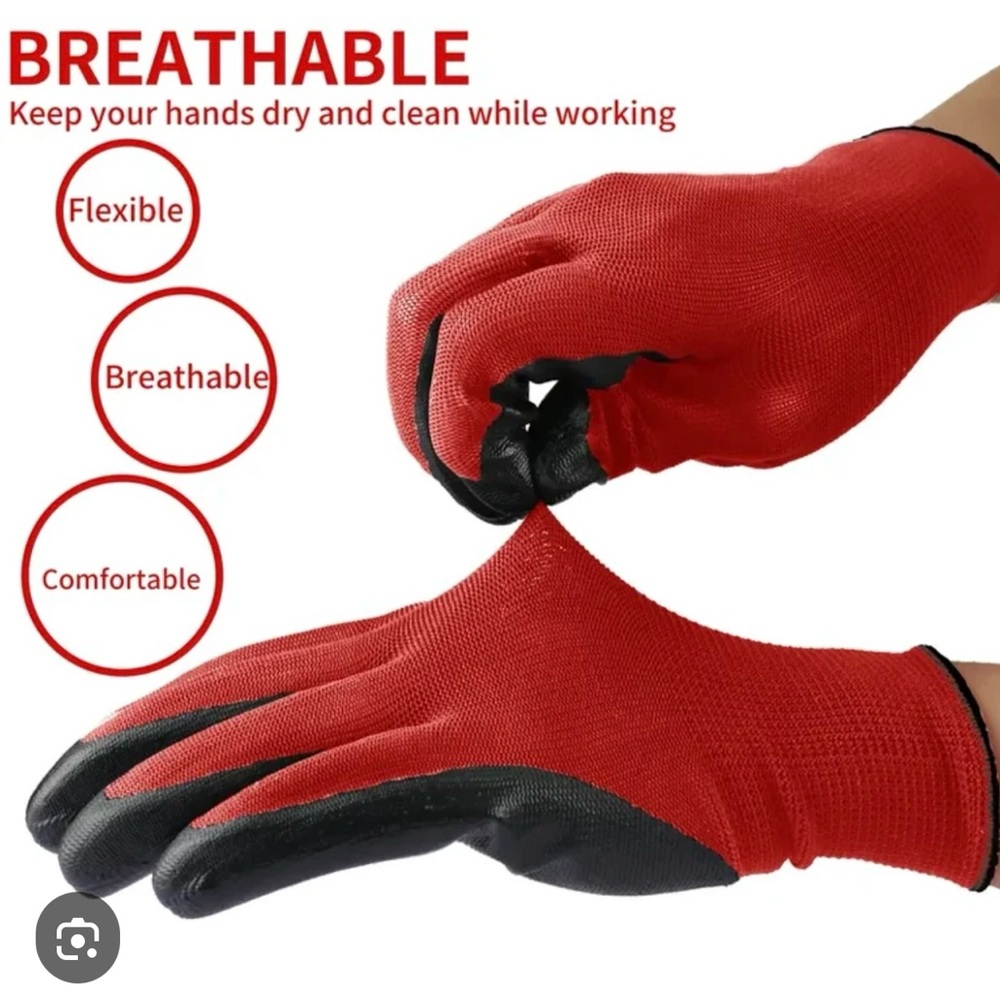(0444) Unisex Work Gloves 6 pairs of Red Nylon Shell W/ Black Nitrile. - Picture 1 of 3